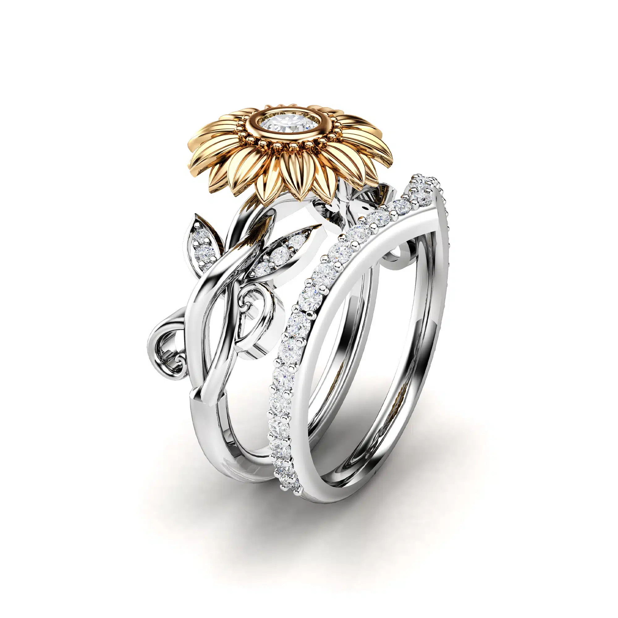 Set diamond ring two tone gold flower (2)