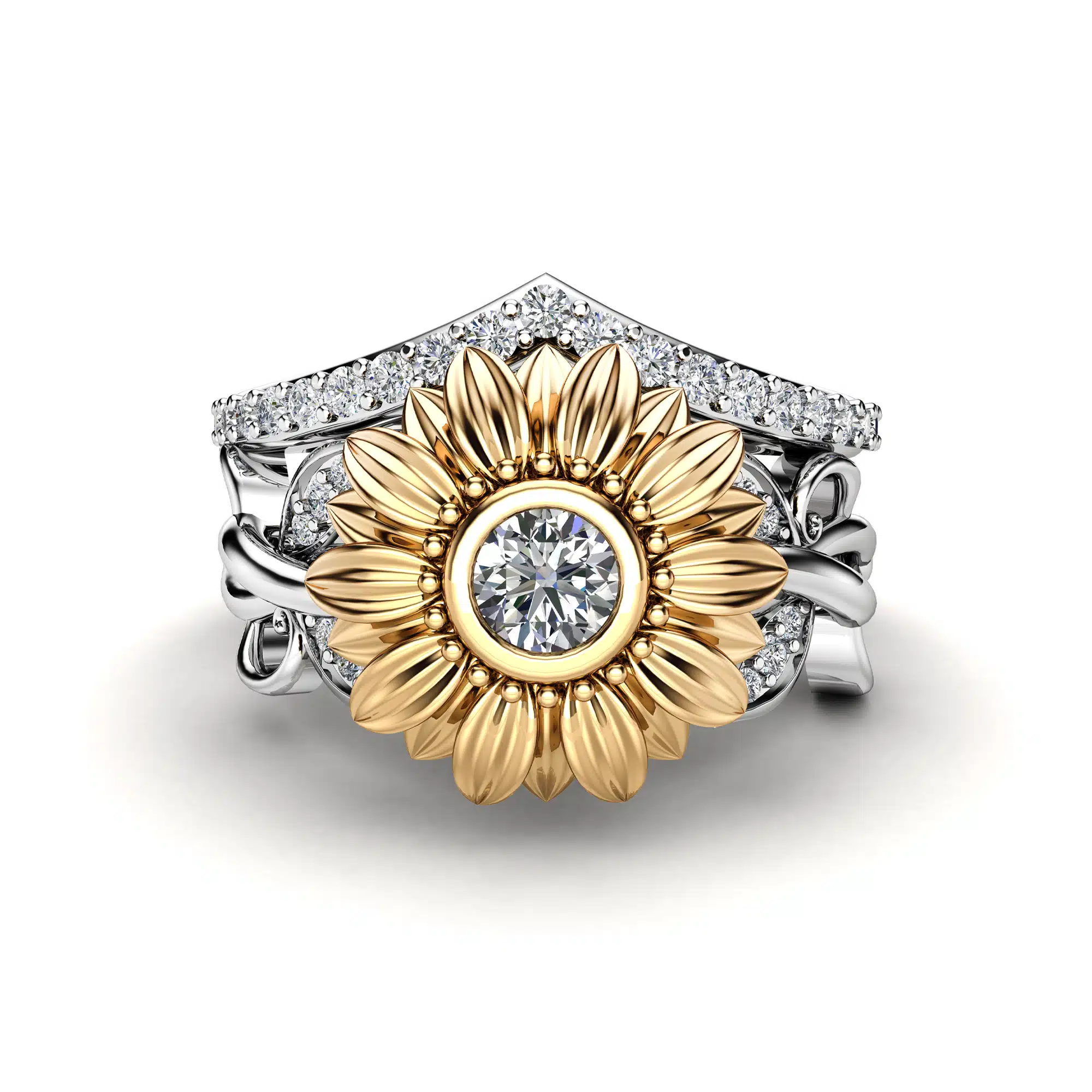 Set diamond ring two tone gold flower (3)