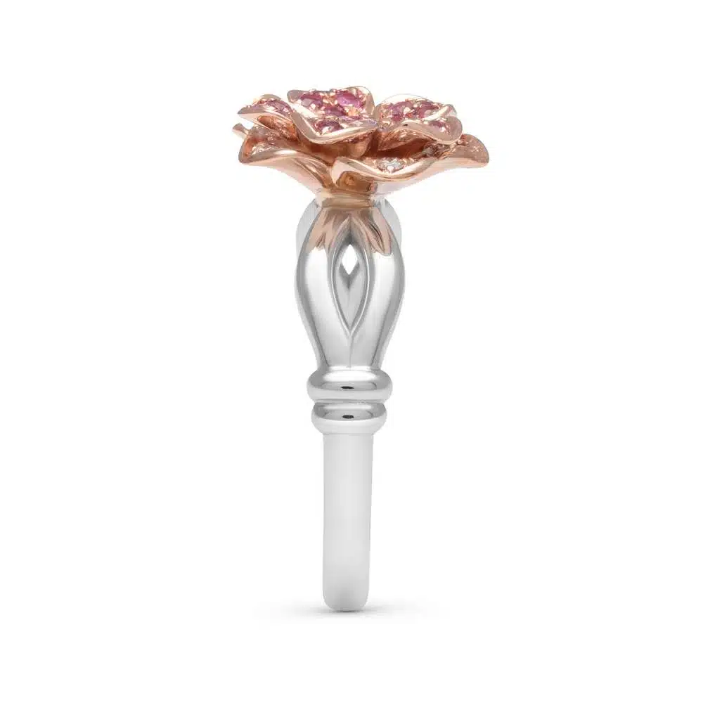 SF-0009A — White and Yellow Gold, side profile Side profile of the two-tone daisy ring, showing the split shank meeting the raised pave bloom