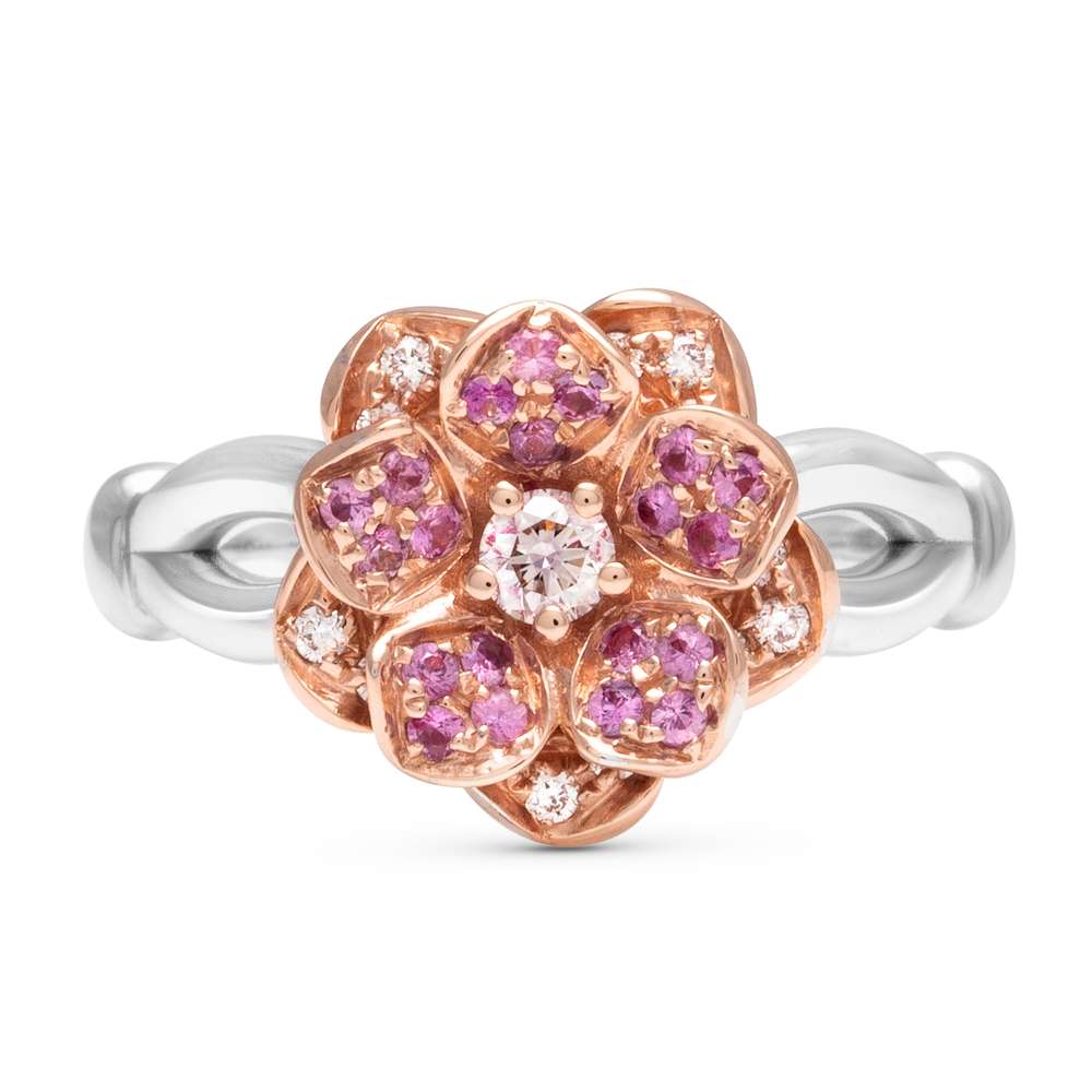 SF-0009A — White and Yellow Gold, profile through the band Profile through the two-tone flower ring, the gold bloom sitting high above a slim white gold band