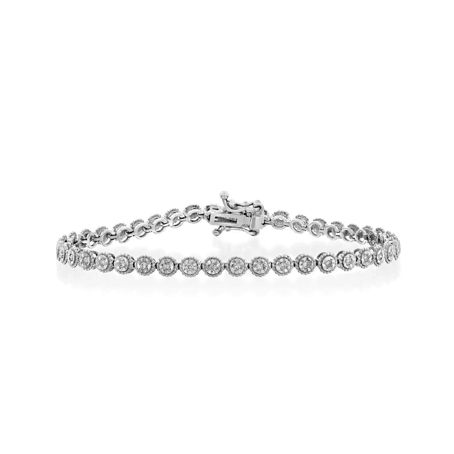 A stunning 14K white gold vintage-inspired diamond bracelet, featuring intricate milgrain detailing and a secure clasp for timeless elegance.