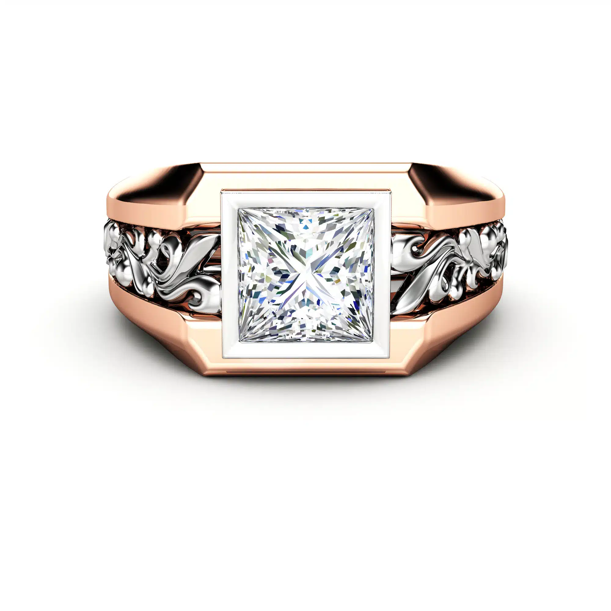 Frontal View Artisan Filigree Bezel Ring Direct frontal view of a princess-cut diamond bezel ring with rose gold filigree scrolls.