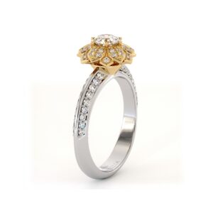 Gold Lotus Diamond Ring With Round Lab Center And Petal-Inspired Halo Setting