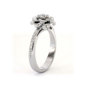 Exquisite Flower Lab Diamond Solitaire Ring with Delicate Accent Gold Band