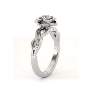 Twist Petal Diamond Ring With Round Lab Center And Sculpted Floral Band