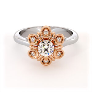Sculpted Petal Diamond Ring With Round Lab Center And Floral Crown Setting