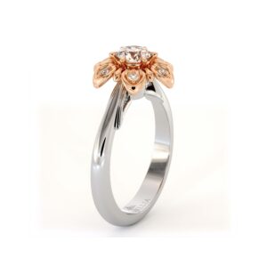 Sculpted Petal Diamond Ring With Round Lab Center And Floral Crown Setting