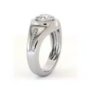 Side angle of the white gold men's ring, showing the bezel and the granulated shoulder inlay