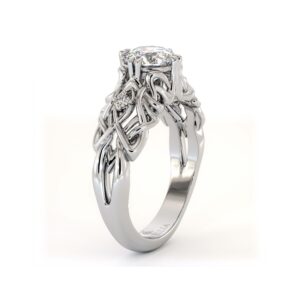 Organic Vine Diamond Ring With Sculpted Band And Round Lab Diamond Accents