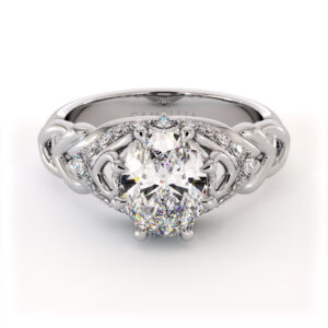 Oval Filigree Diamond Ring With Lab-Grown Center And Sculpted Heart Details