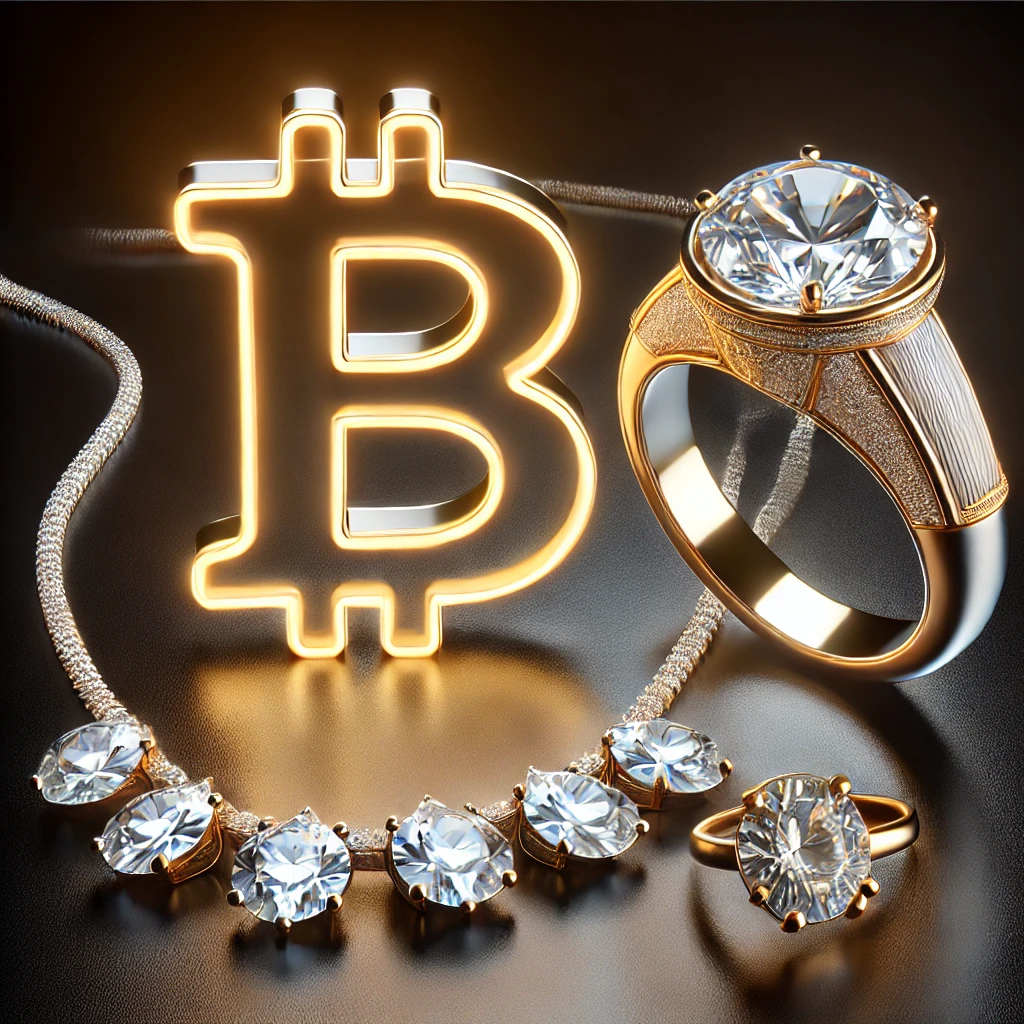 "Elegant diamond necklace and gold ring on a sleek black background, paired with a glowing Bitcoin symbol, symbolizing luxury jewelry purchases with cryptocurrency at Camellia Jewelry."