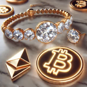"Luxurious diamond bracelet and gold earrings displayed on a polished marble surface, accompanied by glowing Bitcoin and Ethereum symbols, representing secure and innovative cryptocurrency transactions for high-end jewelry shopping."