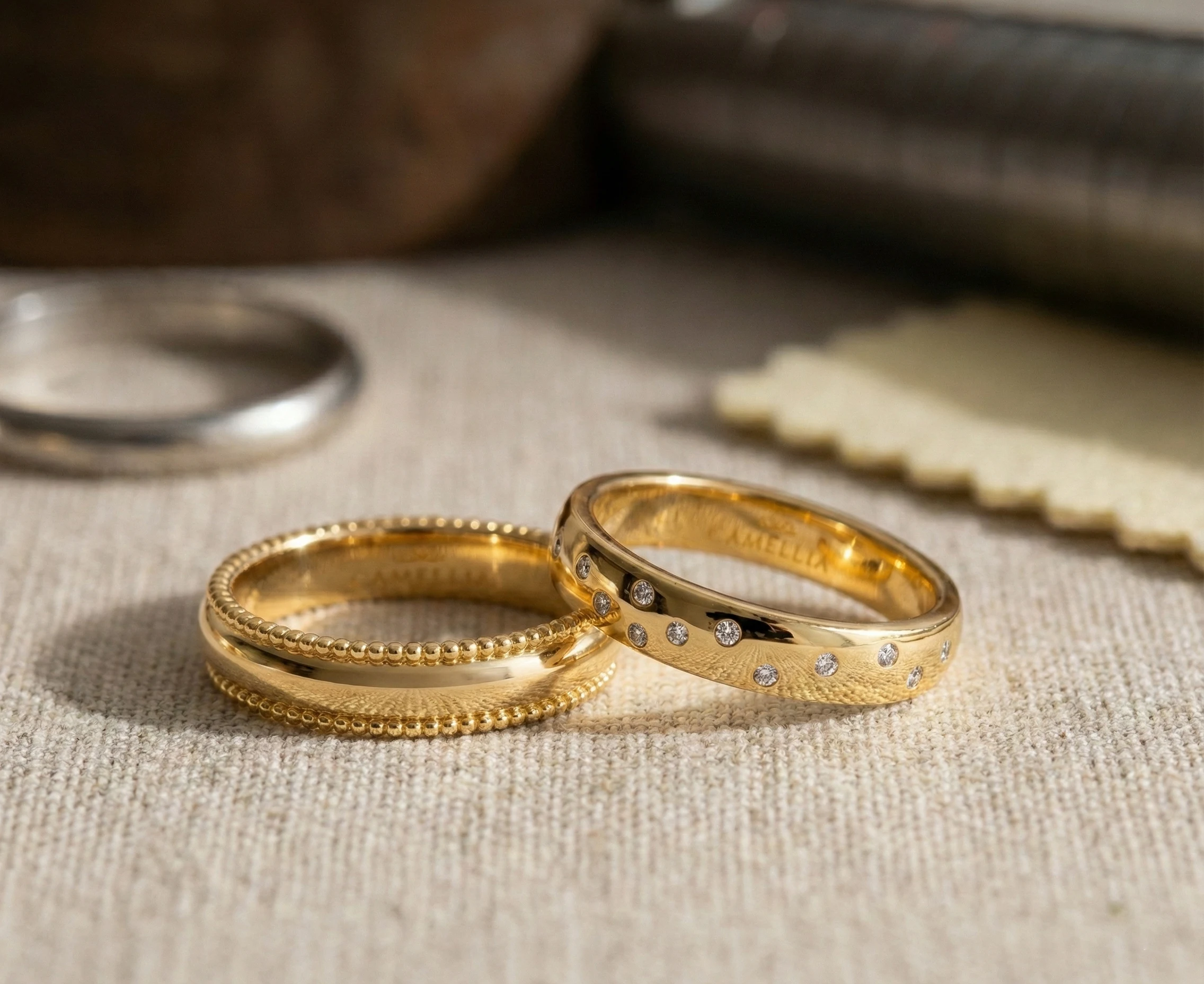 Close up comparison of 14k vs 18k gold rings to show color difference.