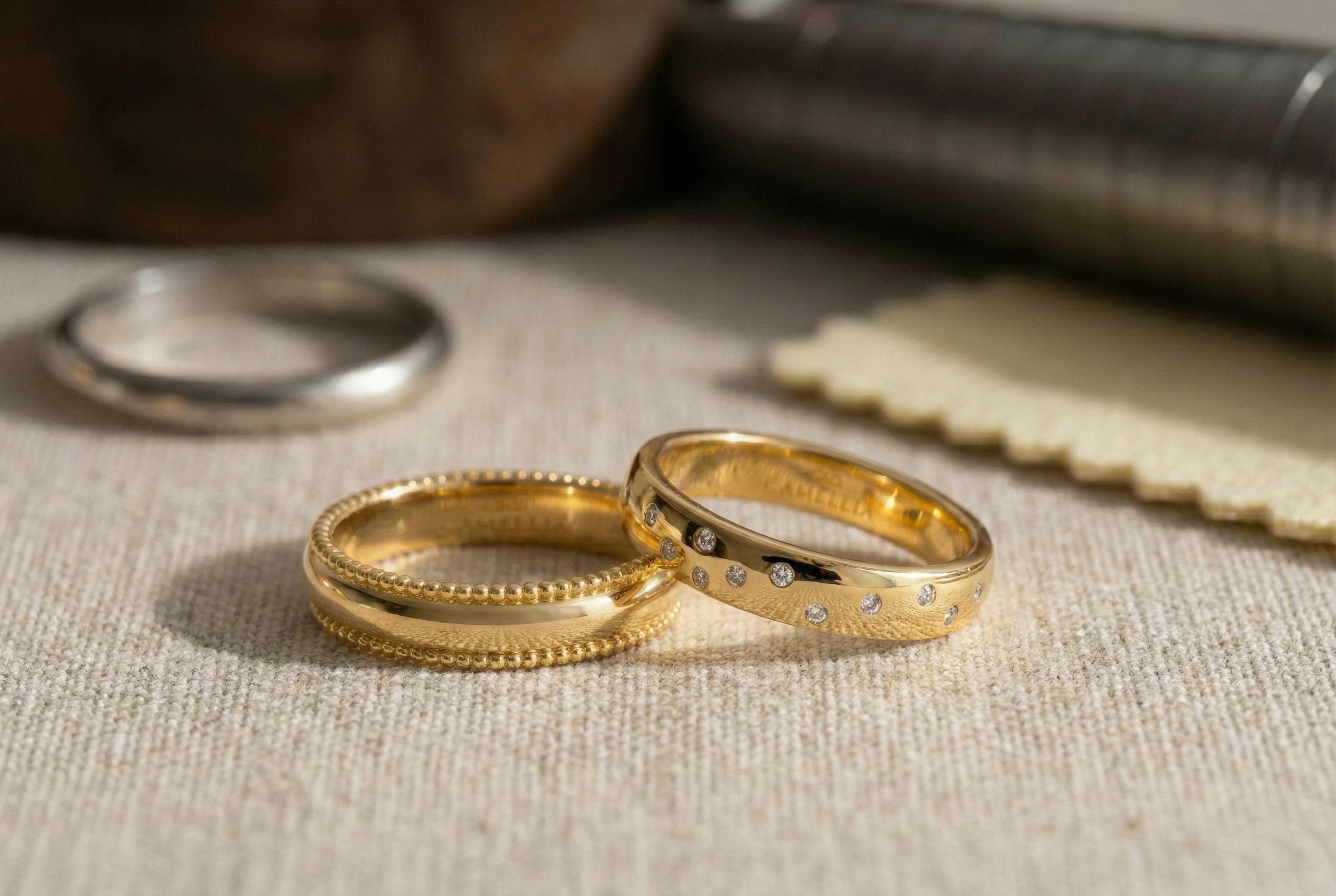 Close up comparison of 14k vs 18k gold rings to show color difference.