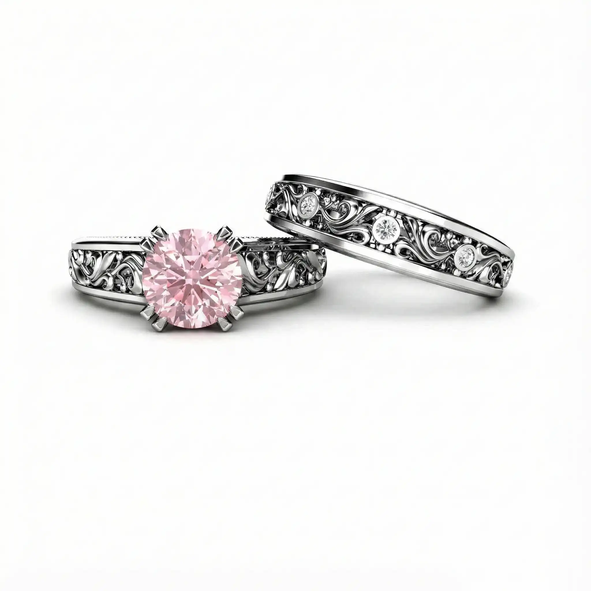 Pink Art Deco Vintage Bridal Set 1ct - Side View Pink Art Deco vintage bridal set side profile view - Model AN-0038D