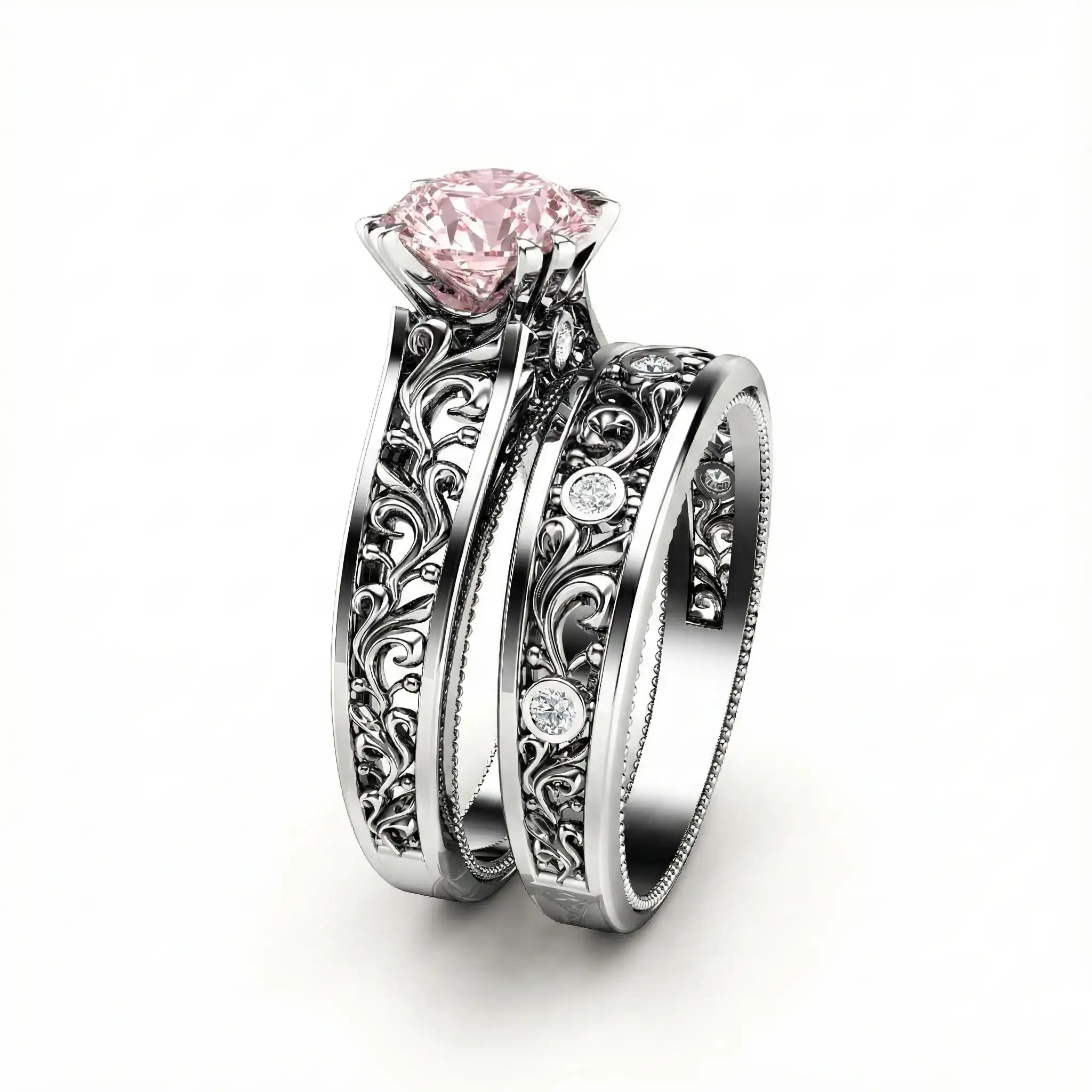 Pink Art Deco Vintage Bridal Set 1ct - White Gold Pink Art Deco vintage bridal set with 1ct center stone - Model AN-0038D