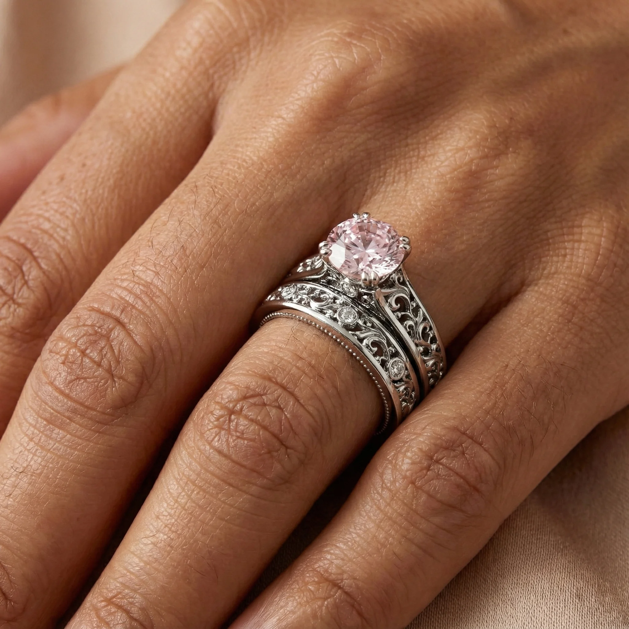 Pink Art Deco Vintage Bridal Set 1ct - On Hand Look Pink Art Deco vintage bridal set 1ct shown on hand - Model AN-0038D
