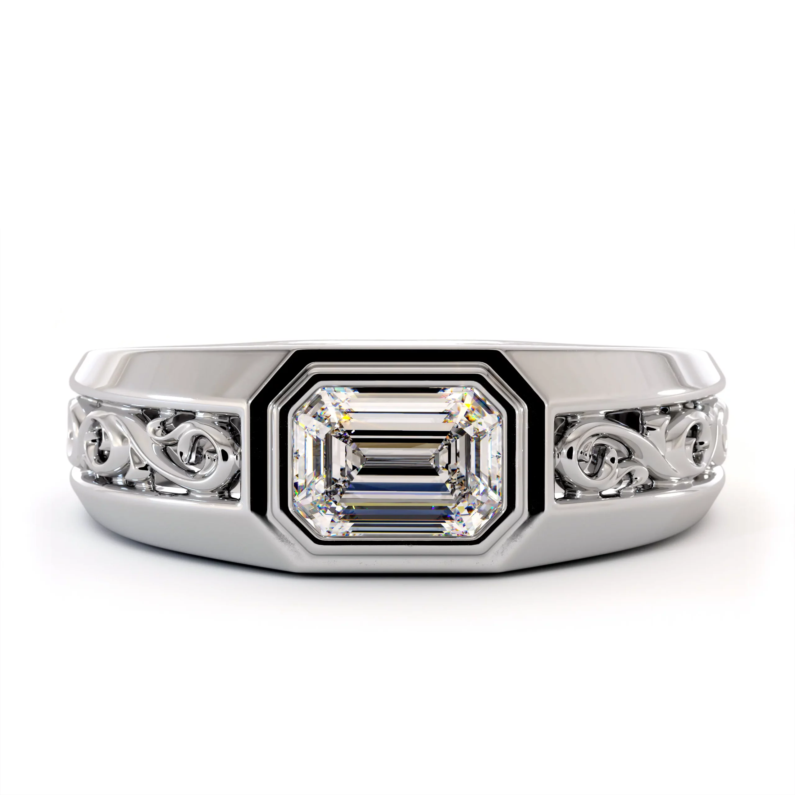 ME-0004E-LG — White Gold, profile through the band Profile through the white gold men's ring, showing the flat top and squared filigree sides