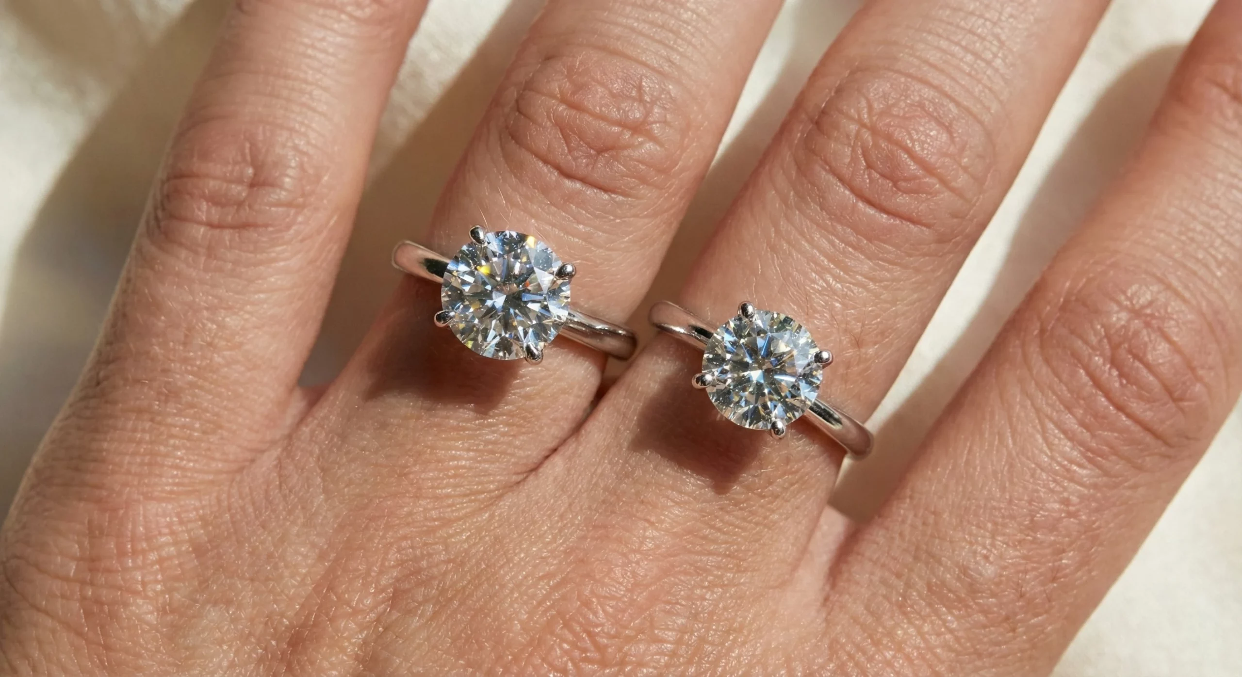 Natural vs lab grown diamond rings on hand showing identical appearance.
