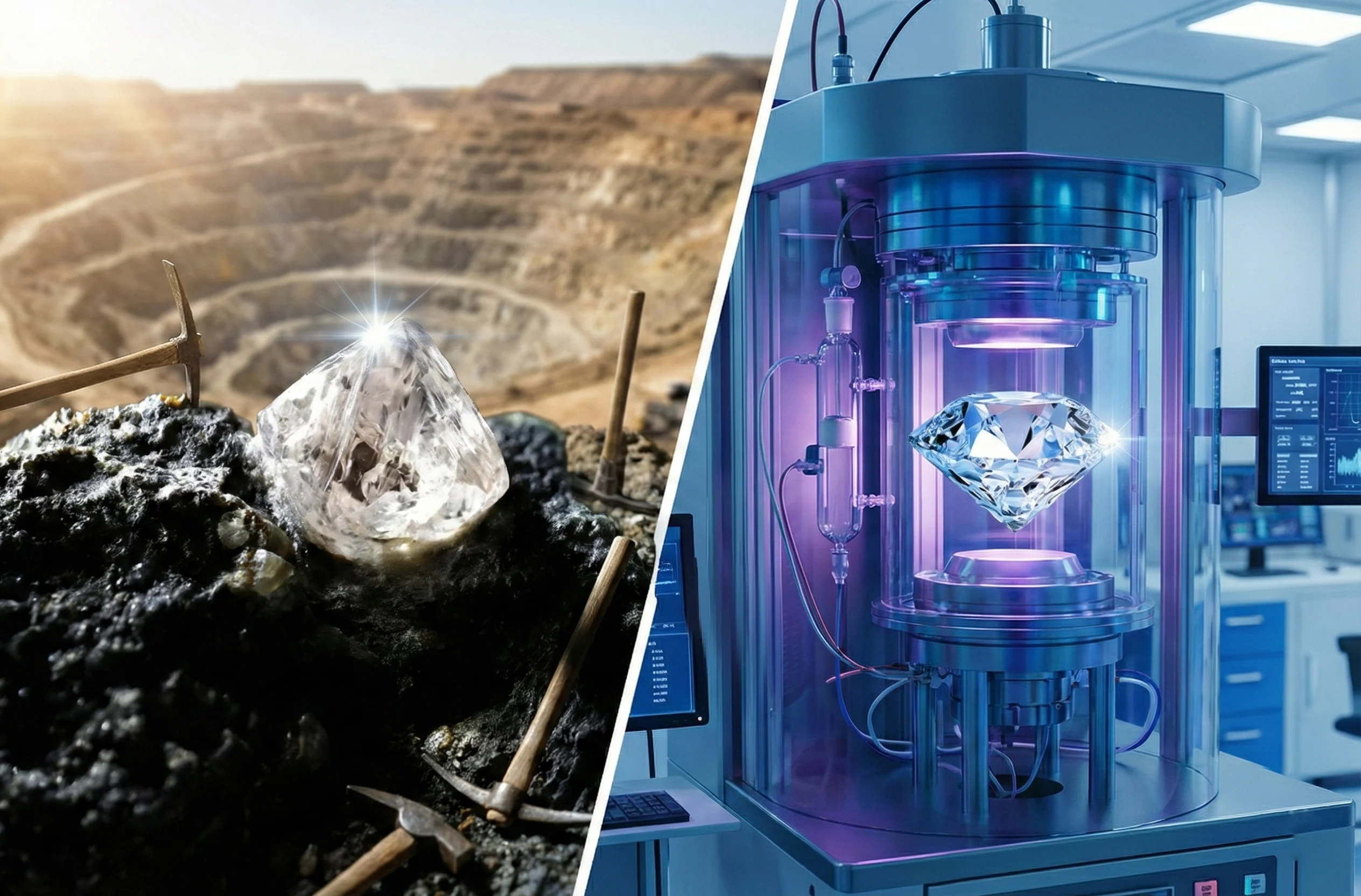 Comparison of natural mined diamond origin vs lab grown diamond creation process.