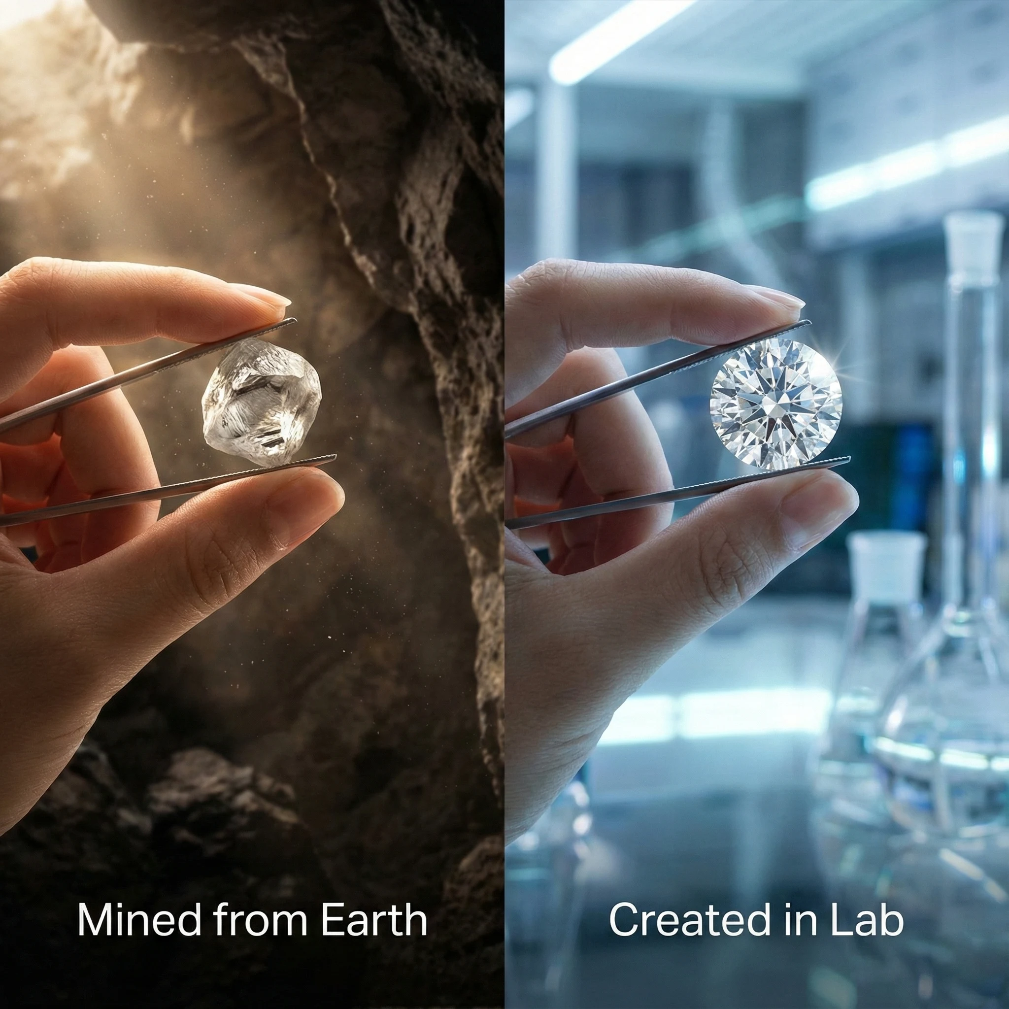 A split-screen featured image comparing diamond origins. Left side: A hand holds a rough, uncut diamond in a dark mine with the text "Mined from Earth." Right side: A hand holds a brilliant, polished diamond in a high-tech laboratory with the text "Created in Lab."