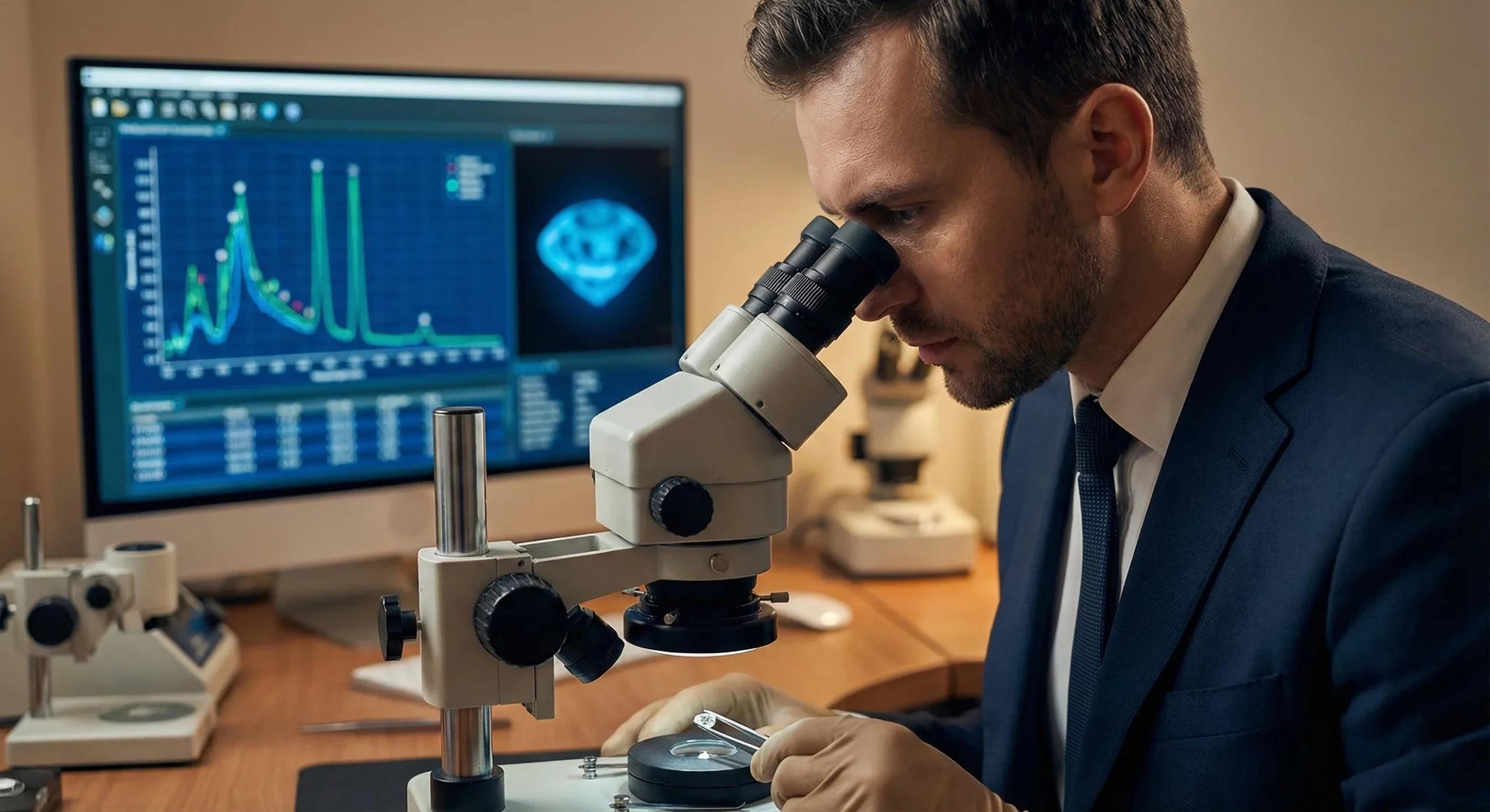 Jeweler using advanced equipment to identify natural vs lab grown diamonds.