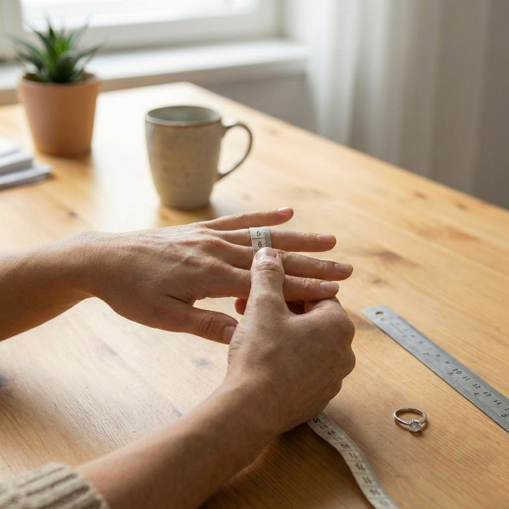 Close-up of a man gently measuring a woman's ring finger with a tape measure in a romantic setting.