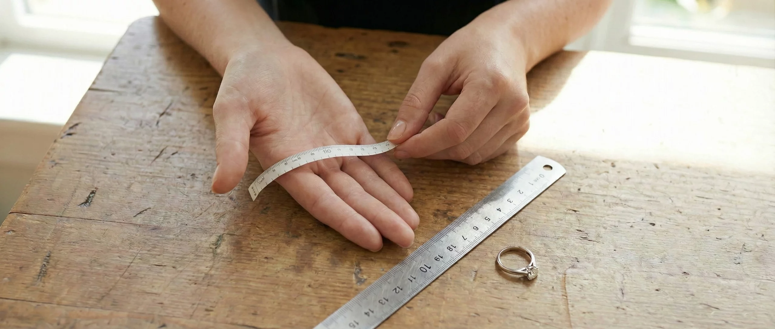 Woman measuring her ring size at home using a paper strip and a ruler.