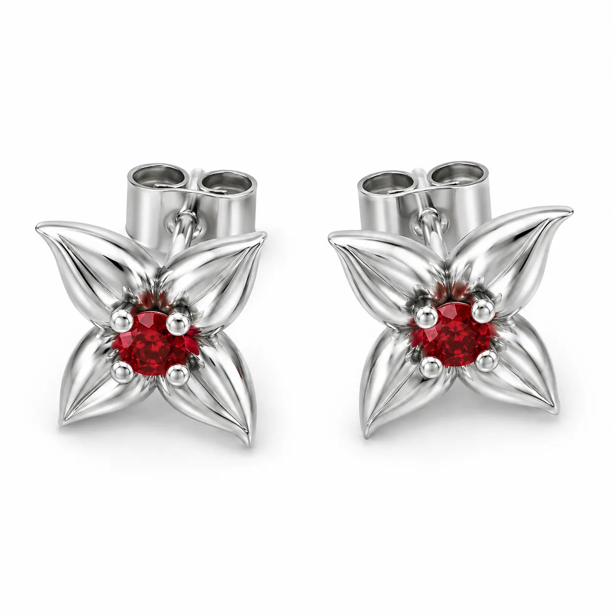 AR-0001H-SO — White Gold, front view Pair of white gold four-petal flower studs, each holding a round red ruby in claw-set centres