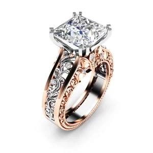 4 Carat Princess Cut Lab Grown Diamond Engagement Ring, 14K Rose and White Gold Two Tone Carved Vine Setting
