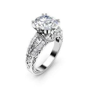 3 Carat Round Lab Grown Diamond Engagement Ring, 14K White Gold, Vintage Filigree Pave Milgrain Setting