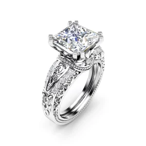 3 Carat Princess Cut Lab Grown Diamond Engagement Ring, 14K White Gold, Edwardian Filigree Pave Setting