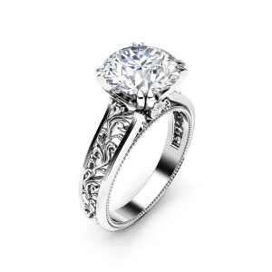 3 Carat Round Lab Grown Diamond Engagement Ring, 14K White Gold, Split Shank Carved Vine Setting