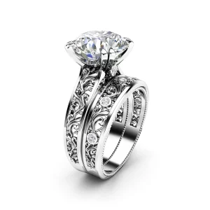 4 Carat Round Lab Grown Diamond Bridal Set, 14K White Gold, Split Shank Vine Filigree Engagement Ring and Wedding Band