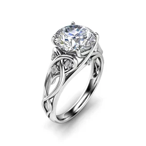 3 Carat Round Lab Grown Diamond Engagement Ring, 14K White Gold, Vine Tendril Wire Setting
