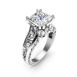 3 Carat Princess Cut Lab Grown Diamond Engagement Ring, 14K White Gold, Vine Filigree Floral Crown Preset