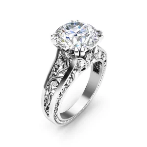 4 Carat Round Lab Grown Diamond Engagement Ring, 14K White Gold, Vine Filigree Floral Crown Preset