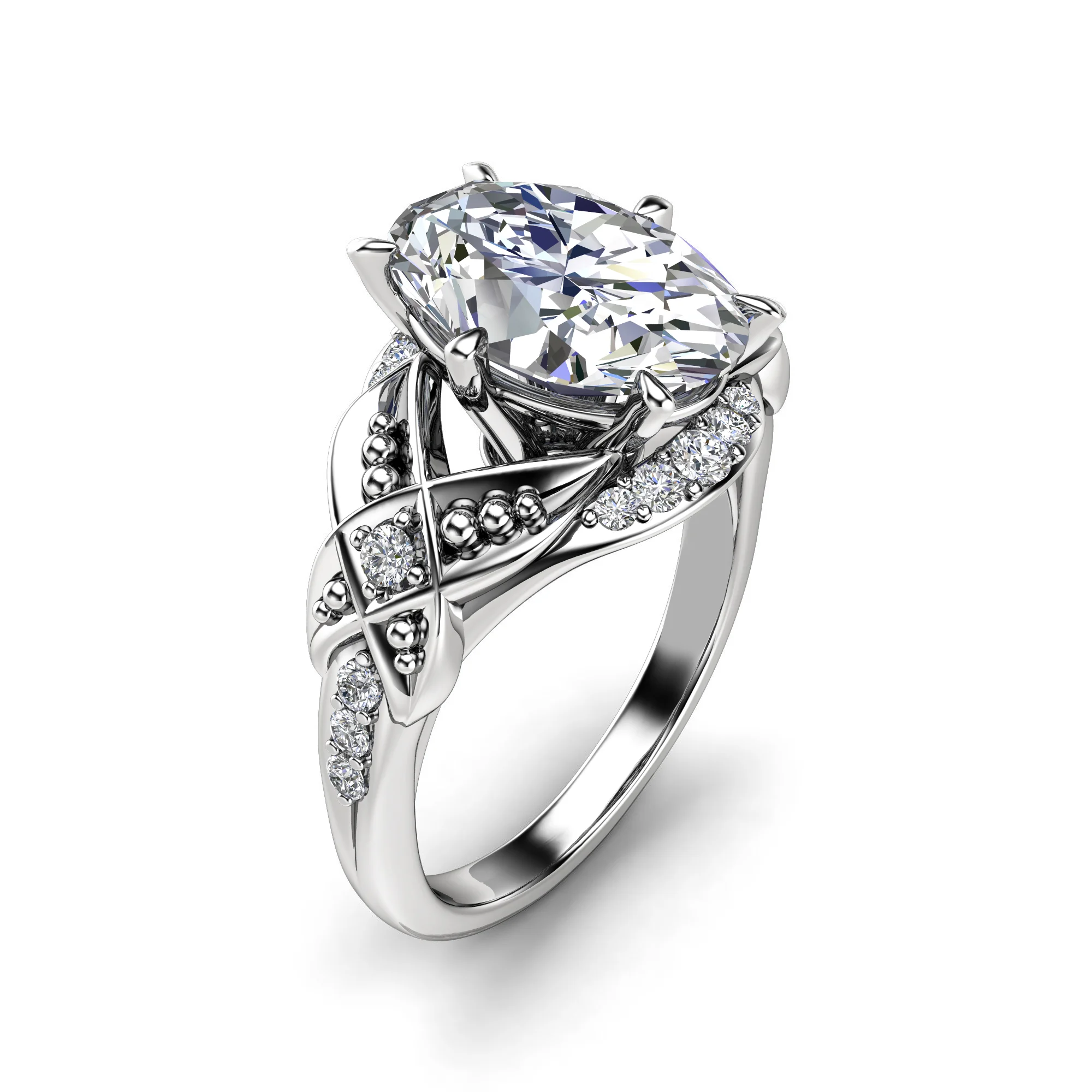 1786963945170-fa8g2g.webp Angled view of an oval diamond ring in white gold, looking down over the woven pave shoulders