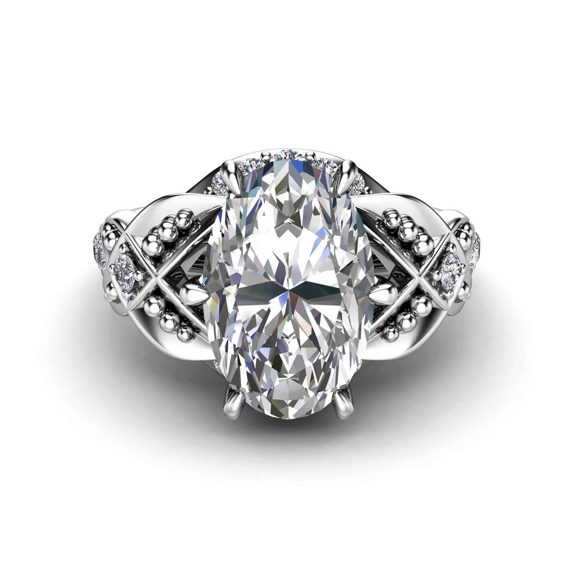 1786963951421-z7q76o.webp Face-up view of an oval diamond flanked by criss-crossing pave bands and bead accents in white gold