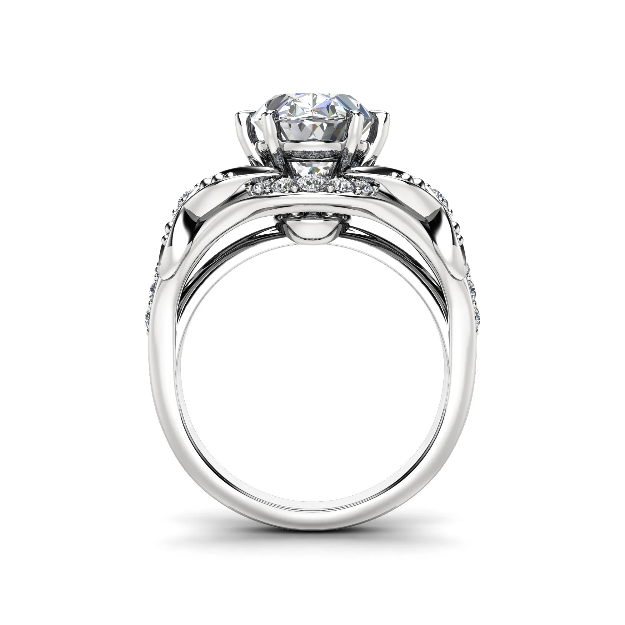 1786963955786-w9ljib.webp Front elevation of a white gold oval diamond ring, showing the woven pave bands beneath the head
