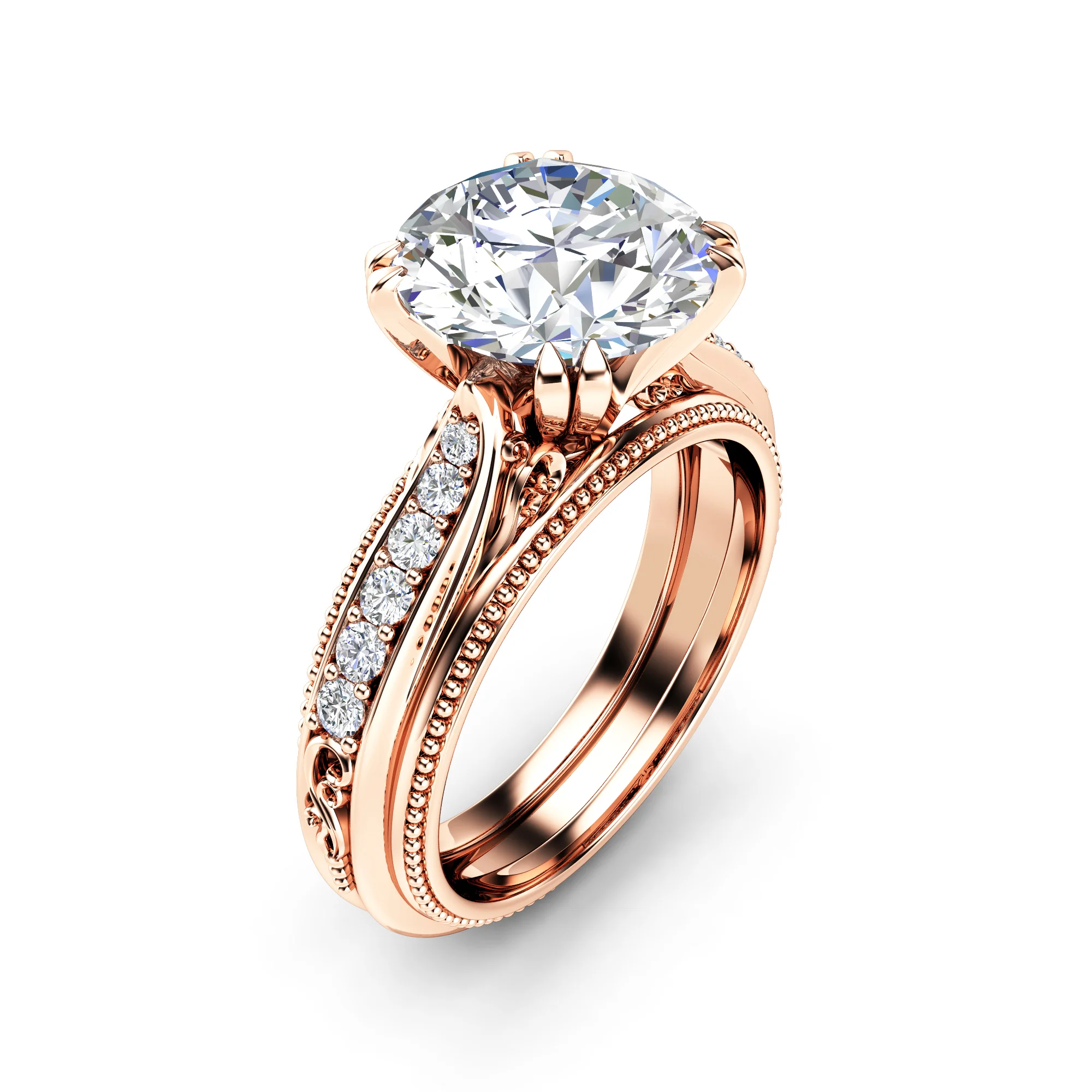 Close three-quarter view of a rose gold diamond ring, with engraved scrolls beneath the pave band