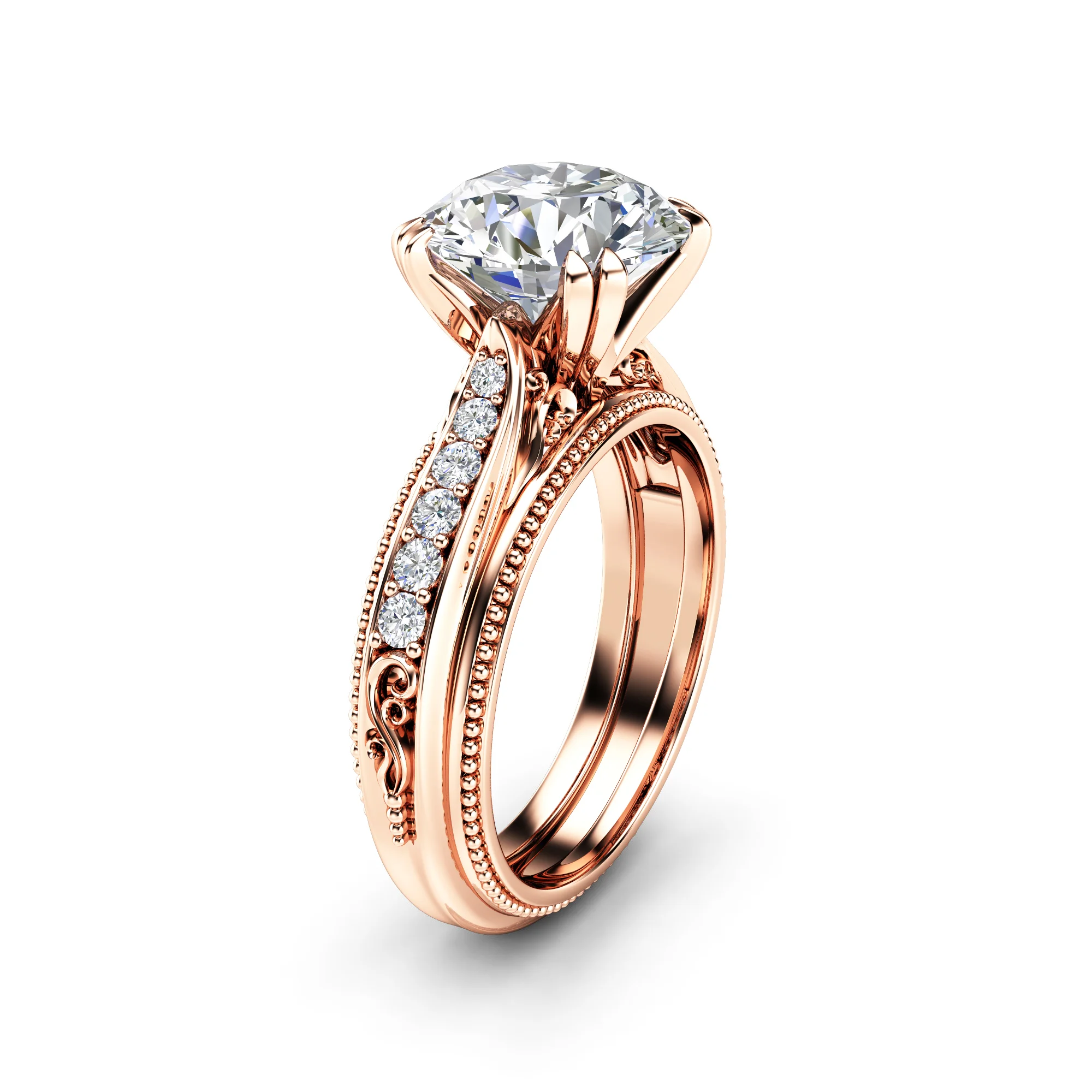 Three-quarter view of a rose gold round diamond engagement ring with a pave and milgrain band