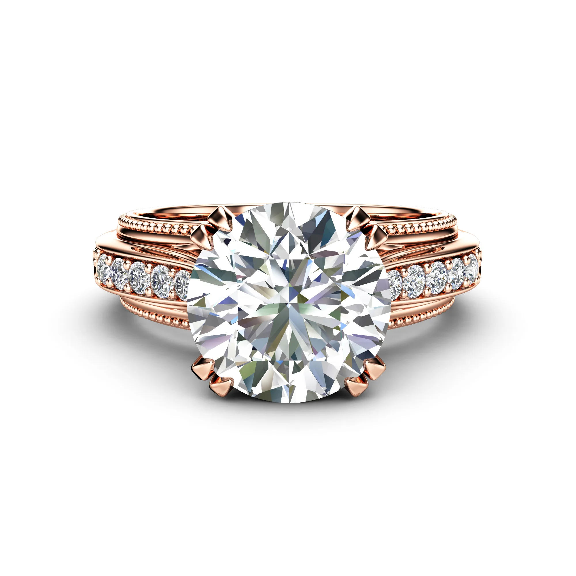Face-up view of a round brilliant diamond in a rose gold setting with pave rows on both shoulders