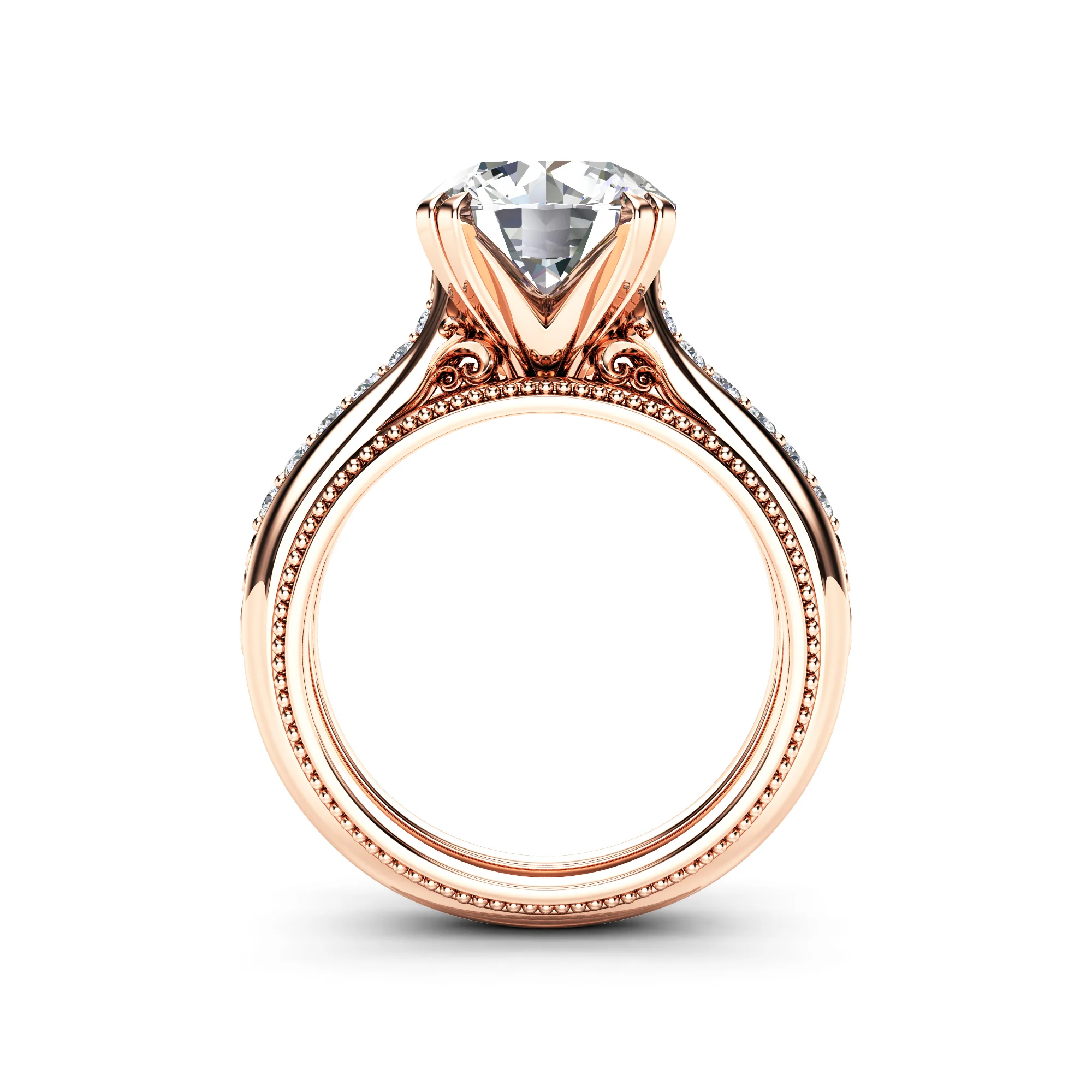 Side profile of a rose gold round diamond ring with milgrain edges and a pave-set shank